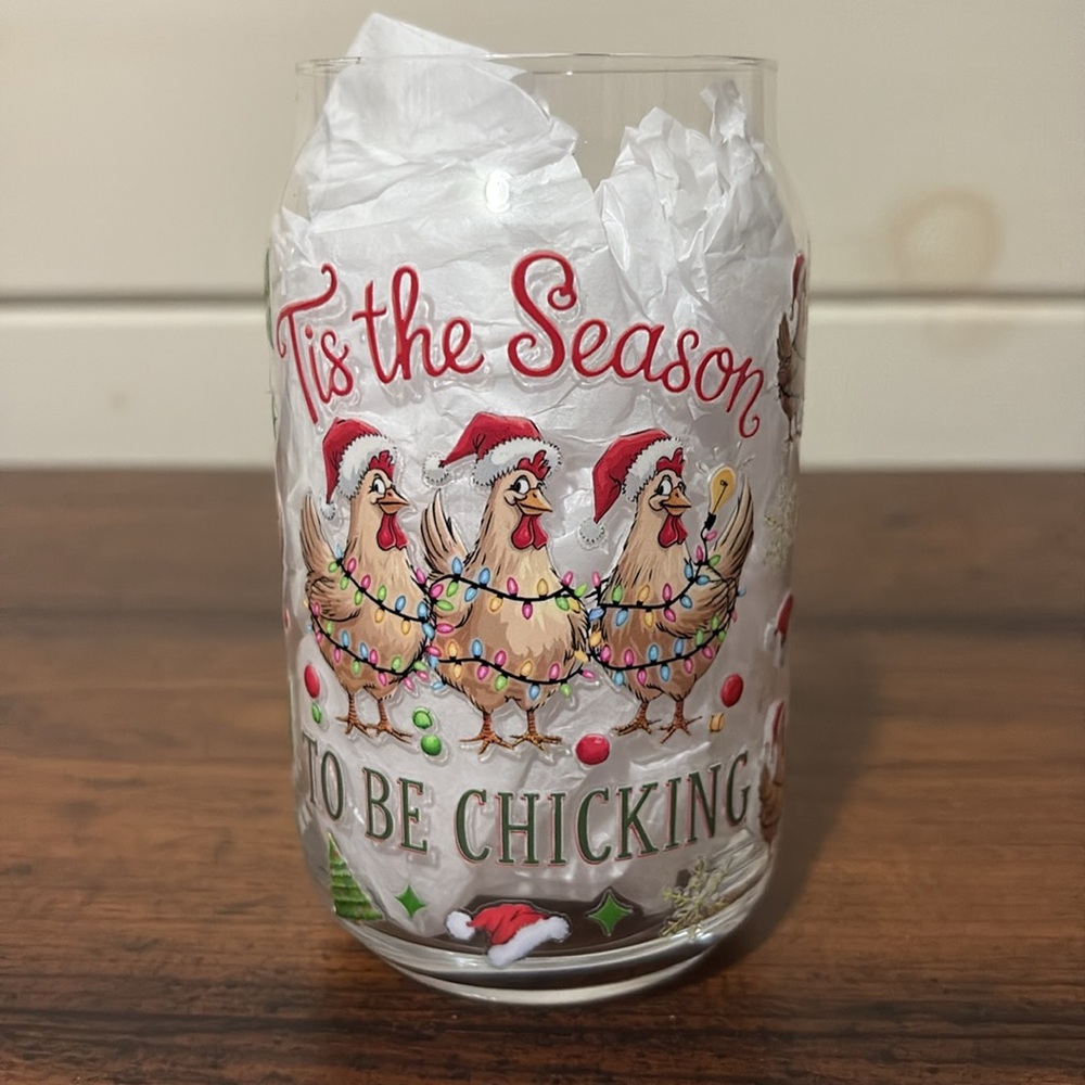 Tis the Season To Be Chicking Glass Tumbler w/ Bamboo Lid and Glass Straw